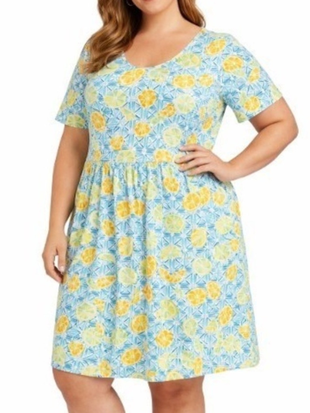 🍋 Lands' End Citrus-Print Cotton BlendShort-Sleeve Dress - Size 2X